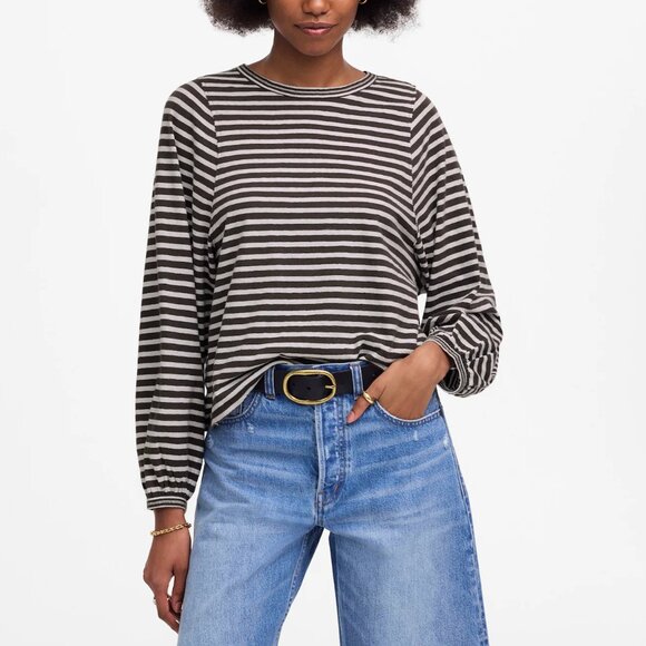 Madewell Tops - Madewell Long Balloon Sleeve Crewneck Tee Gray Stripes Size M NWT